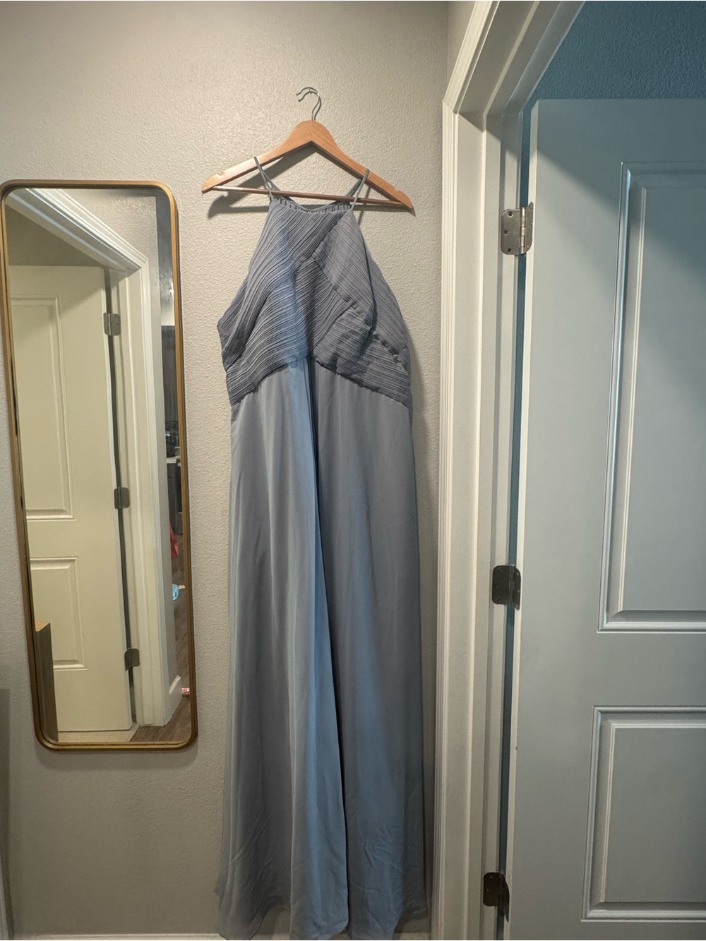 Light Blue Halter Maxi Dress with Pleated Bodice